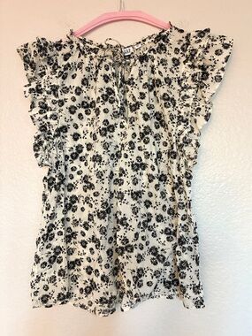 GAP 100% Cotton Women's Cream/Black Floral Ruffle Sleeve Tie-Neck Blouse Size M